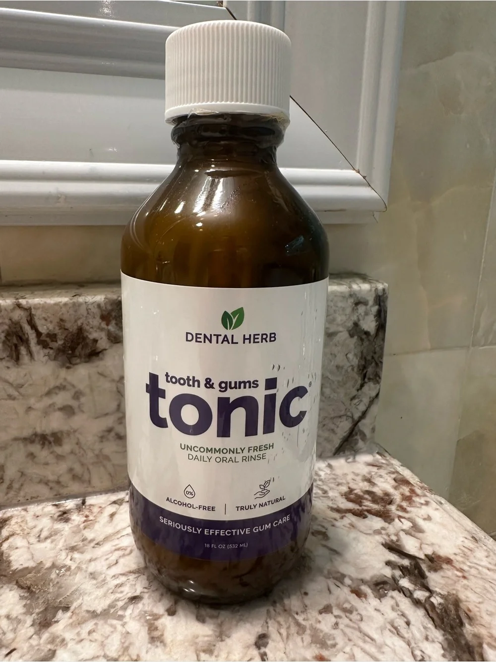 Dental Herb Tooth & Gums Tonic - White & Dark Purple Label Empty Glass Bottle